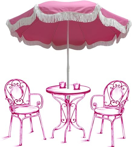 2M Pink Patio Umbrella with Fringe - Outdoor UV Protection Garden Parasol, Tassel Beach Umbrella for Deck, Backyard, Poolside & Beach (Size: 1.8m)