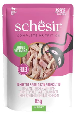 Schesir, Tonnetto och kyckling med skinka i gelatin, komplett våtfoder för katter, i påse, 100% naturliga ingredienser, cruelty free, 12 x 85 g