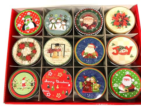 ALUNA 12Pcs Christmas Xmas Cookie Tins Circle Tinplate Cookie Tins with Lids for Storing Biscuits Giving & Holiday Treats, Christmas Decorations- Random Color