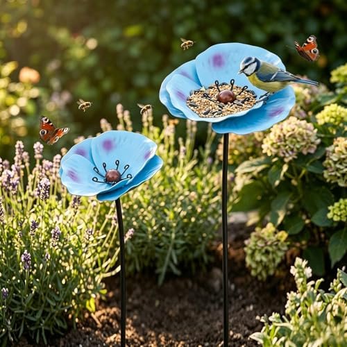 JACKANNA 2 Pieces Garden Ornaments Classic Metal Garden Stakes with Colorful Poppies, Garden Decoration Outdoor Decoration for Spring and Summer, Durable Weather Resistant Design, (2)
