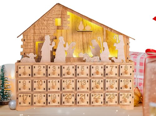 fayarrd Scene De La Nativité De Avec Tiroirs Pour L Avent,24 Jours Décorations De En Bois Artisanat - Calendrier De L Avent Tiroir Avec Lumière LED,Pour Garçons Filles Adultes Intérieur Fêtes Bureau