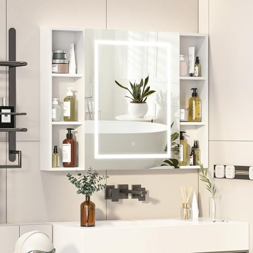 Mepplzian Spiegelschrank Bad 100cm Mit Beleuchtung, Dimmbar, Weiß | Badezimmer-Spiegelschrank mit Licht,100 x 76 x 13.5 cm, Berührung Sensorschalter, 8 Regale + 3 Farbtemperatur