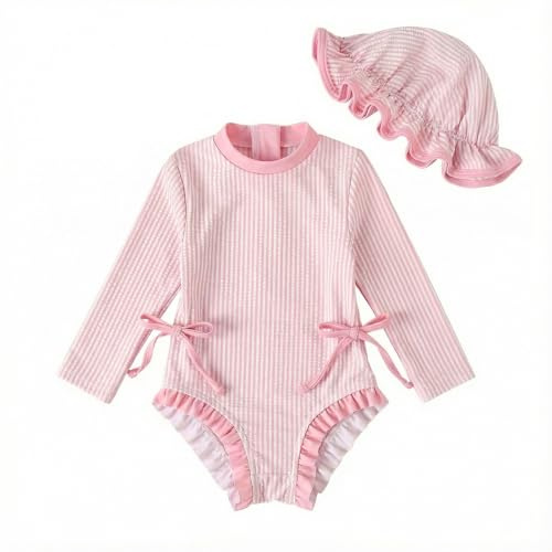 DivingBirds Traje de baño de manga larga para niñas con sombrero a presión y cremallera, para niños de 3 meses a 24 meses, Stripe-pk, 3-6 Meses