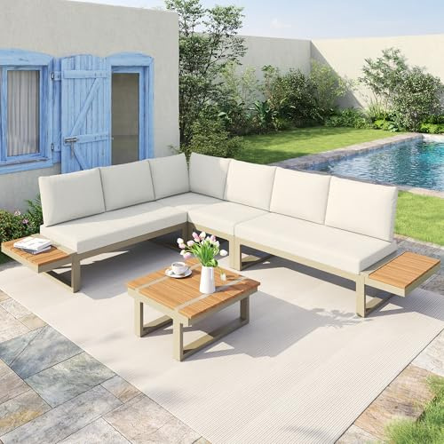 Gartenmöbel-Set, umbaubar 2 Relaxbetten, Eckposition, mit verstellbarer Kippfunktion (5-stufig, bis 55°), verzinktes Stahlrohr, Tischplatte Kunststoff-Holz, mit Couchtisch&Ablageflächen (Beige)