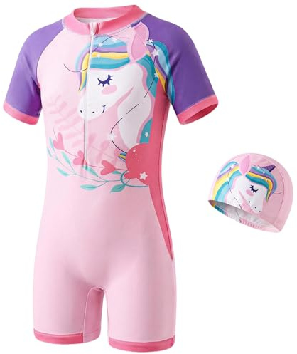 Tokeya Maillot de Bain Fille et Garçon Une Pièce Manches Courtes 4-10 Ans | Enfants Combinaison de Natation, avec Bonnet, Fermeture Éclair, Séchage Rapide Costume de Bain, Plage Piscine Surf Plongée