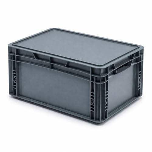 RODOPI 1x Eurobox 40x30x27 cm mit Deckel, ca. 20 L, stapelbarer Eurobehälter aus PP-Kunststoff, Transportbox mit 2 Grifföffnungen, grau