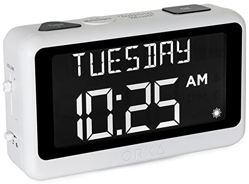 ORKA Orologio parlante, registrabile vocalmente, con pillola di grandi dimensioni, promemoria per medicinali, sveglia parlante per demenza, udito, anziani, ipovedenti, orologio digitale con più
