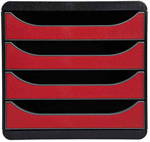 Exacompta 310718D Premium Ablagebox mit 4 Schubladen für DIN A4+ Dokumente. Belastbare Schubladenbox mit hoher Kapazität für mehr Platz auf dem Schreibtisch Big Box Iderama Schwarz|Karminrot