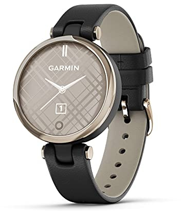 Garmin Lily™, Small Smartwatch with Touchscreen and Patterned Lens, Light Gold with Black Leather Band, 1 inch