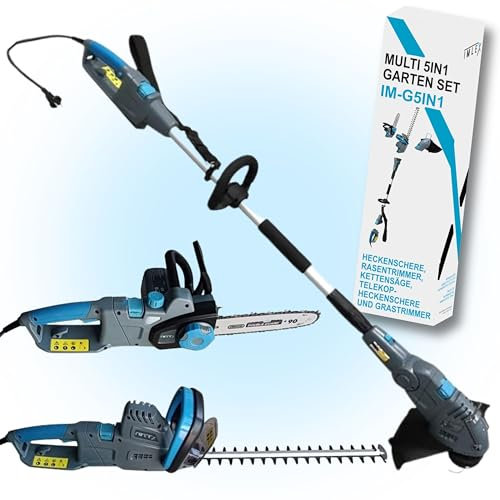 IMLEX Multi-Kombi-Garten-Set 5in1 Heckenschere Rasentrimmer Kettensäge mit Teleskopstab und Verstellbarer Schnittwinkel