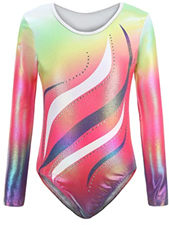 Cucudy Gymnastikdräkter för flickor långärmad/ärmlös gradient färg diamant body dans balett gymnastik atletisk body för barn 5 6 7 8 9 10 11 12 år, B118 Regnbåge, TAG 10A(9-10 anni)
