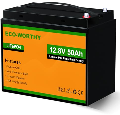 ECO-WORTHY 12V 50Ah Trolling Motor LiFePO4 Lithium Battery with BMS, 3000~15000 Times in Deep Cycle, for 30~50lb Trolling Motor, Travel Trailer, RV, Marine, Solar, Power Wheel Chair