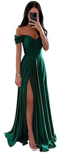 ECDAHICC axellös brudtärneklänning för kvinnor i satin, lång slits, elegant formell aftonklänning i A-linje, bröllops- och festklänning, Mörkgrön, M