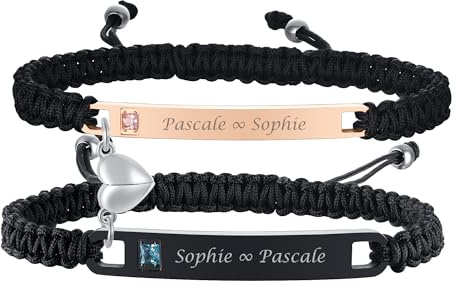 2PCS Bracelets Couple Amoureaux Personalisés - Bracelet Réglable en Cordon Tressé Acier Inoxydable Zircon Cristal Bracelet avec Gravure Bracelets d'Amitié