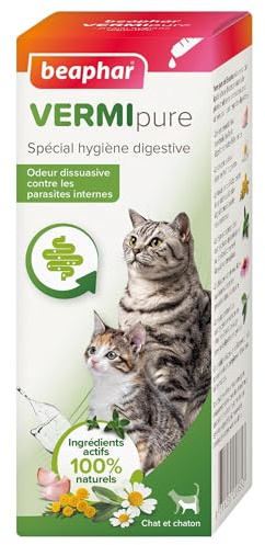 BEAPHAR – VERMIPURE – Solution liquide pour Chaton et Chat – Ingrédients actifs 100% naturels – Ail, camomille, thym – Spécial hygiène digestive – Odeur dissuasive contre les parasites internes– 50 ml