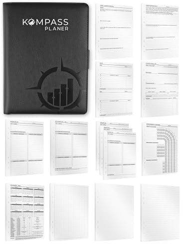 KOMPASS Classeur à anneaux A5 rechargeable | Kit de démarrage avec 309 inserts | Journal à anneaux A5 | Planificateur de choses à faire, planificateur hebdomadaire, agenda, calendrier, bullet journal