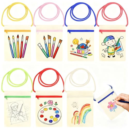 qxayxa 7 Pcs DIY Bolsas de Lona Bandolera, Bolsas de Algodón para Pintar, Set de Bolsos de Hombro Pequeños, Tote Bag Manual para Fiestas y Actividades Artísticas