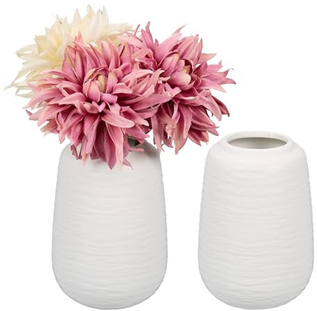 Relaxdays Set de Jarrones, 2 Floreros, 15 x 10 cm, Flores Frescas y Secas, Decoración de Mesa, Hecho de Cerámica, Blanco
