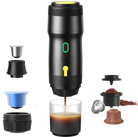 3 In 1 Macchine per Caffè Espresso Portatili,Batteria 7500mAh Autoriscaldamento,Caffettiera Espresso Elettrica,compatibile con capsule NES e capsule DG e caffè macinato,per Campeggio/Viaggi/Ufficio