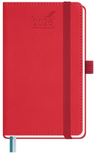 BEZEND Pocket Diary 2026 Small Week to View Full Year 15.5 x 9 cm - A6 Slim Weekly Planner 26 with Inner Pocket, Pen Holder & PU Leather Hardback - Red