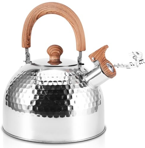 Bollitore a fischio da 2 l, in acciaio inox, per acqua calda, da campeggio, bollitore con fischietto alto, manico in legno antiruggine e resistente al calore, bollitore a gas a rapida ebollizione per