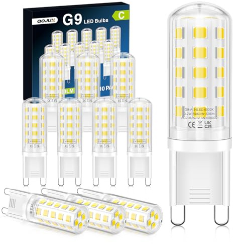 QOJUX 3.2W G9 Led Bulbs Cool White, Energy Class C, 34 LEDs 520LM G9 Bulb Equivalent to 50W Halogen, 6000K AC 220-240V No Flicker Non-Dimmable Energy Saving Light Bulbs for Home Lighting Decor 10 Pack