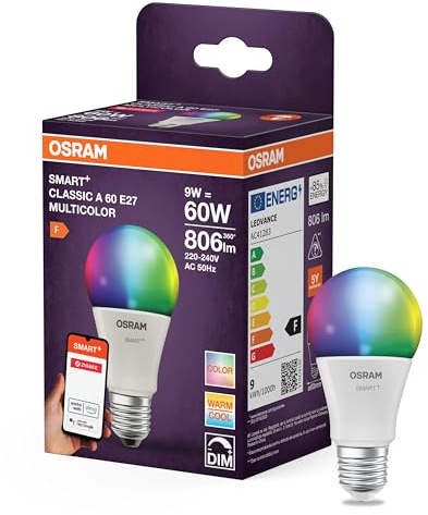 OSRAM Lampada LED SMART A60 forma lampadina E27, 9W ZigBee 3.0, RGBW 16 milioni di colori, dimmerabile, controllo app, Alexa