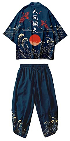 Caxndycing Kimono Cardigan Hombre Japón Happi Kimono Haori Cardigan Primavera-Verano Chaqueta Tradicional Japonesa Ropa 3D Impresión Dos Piezas Playa Camisa Corta, 02 Navy, XL