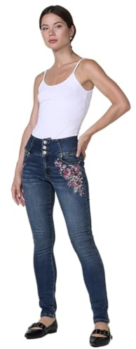 Koroshi Jeans Corset Slim de Mujer en Denim Azul Oscuro elástico, Tiro Alto, Cinco Bolsillos y Cierre con Tres Botones metálicos., de Color Azul OSC/Dark Blue, Talla 38