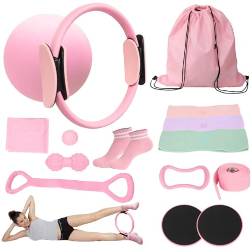 LZDMY Pilates Equipment Pilates Ring Kit 15 PCS with 11.8'' Magic Circle, Mini Yoga Ball, Resistance Bands, Grip Socks, Pilates Kit for Women, Starter Workout Essential for Home Fitness