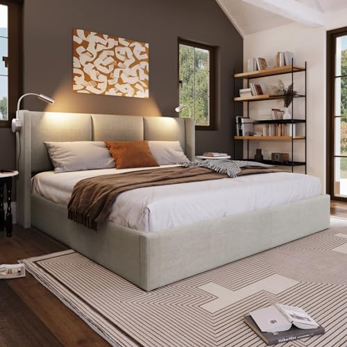 FEEOHOME Letto contenitore 160 x 200 cm, letto matrimoniale con vano contenitore idraulico e rete a doghe, Letti imbottito con luce di lettura per adolescenti e adulti, Lino beige