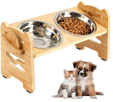 Hundenapf Erhöht Futternapf Fressnapf Hunde Katzen Edelstahl, Erhöhter 15° Katzennapf, Hundenapf Höhenverstellbar Futterstation Bambus mit 2 Edelstahlnäpfen für Kleine Medium Hunde & Katzen