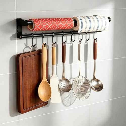 PARFCO Küchenstange 60 cm mit 8 Haken, Hakenleiste Küche Schwarz | Mit 8 Küchenhaken als Wandhalter für Küchenutensilien, passend für Küche, Bad und Haushalt mit Montageanleitung