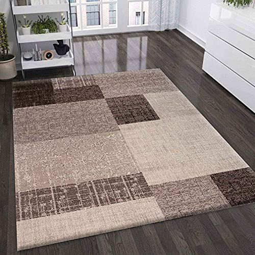 VIMODA Wohnzimmer Teppich Kurzflor in Beige Braun Designer Teppiche Modern Kachel-Optik Kariert Pflegeleicht, Maße:80x150 cm