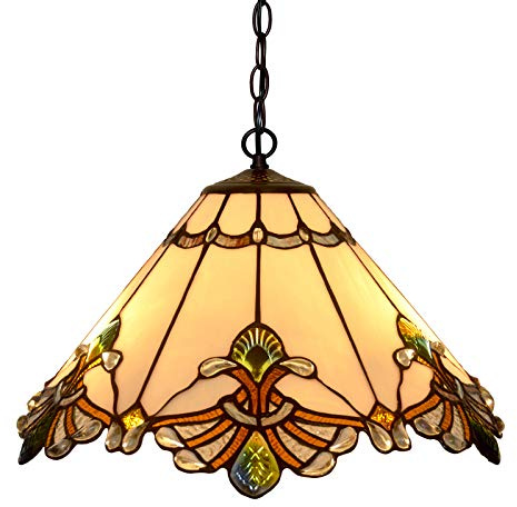 HT Tiffany Style Hanging Lighting 17 Inch Wide White Sermon Stained Glass Lampshade 2-Light Iron Chain Traditional Handmade Chandelier Ceiling Pendant Decor for Kitchen Corridor Bedroom Living Room