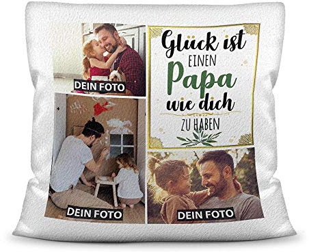 Print Royal Kissen mit Füllung - Fotocollage selbst gestalten mit Spruch für Papa - GLÜCK - mit DREI eigenen Fotos - Geschenkidee Fotokissen - Kissen Polyester - Weiß flauschig
