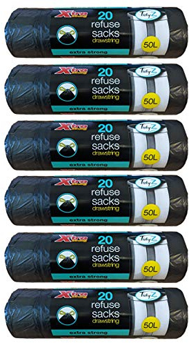 TidyZ 20 x Black 50L Drawstring Refuse Sacks Waste Swing Bin Liners Extra Strong Rubbish Bags (120 Bags)