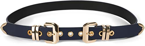 styleBREAKER Damen Gürtel mit doppelter goldener Schnalle und Lochnieten, B-Low Belt, Taillengürtel, kürzbar 03010121, Farbe:Dunkelblau, Größe:90cm