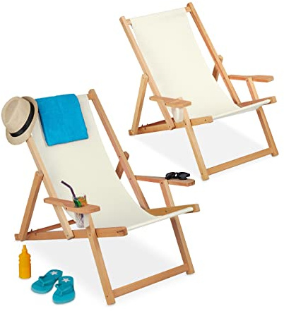Relaxdays Liegestuhl Holz, klappbarer Strandstuhl im 2er Set, 3 Positionen, 100 kg, Armlehnen & Getränkehalter, beige