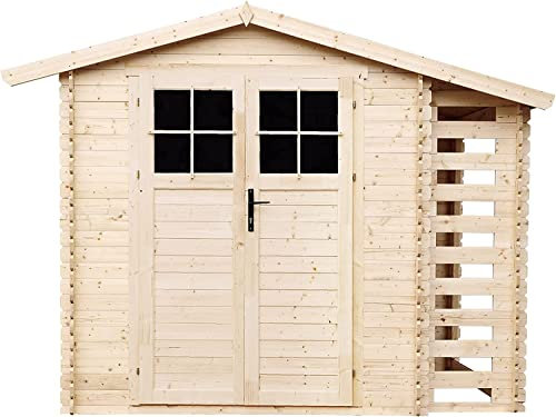 TIMBELA M386F Holzhaus Gartenhaus mit Brennholzschuppen -Hochwertige abschließbare Tür - Gartenschuppen Holz B272xL206xH218 cm/ 3,53 + 0,97 m2 Lagerschuppen für Garten - Wasserfestes Dach