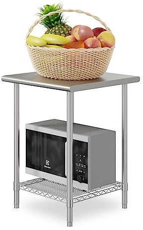 FIDOOVIVIA Kitchen Prep Table, Food Prep Worktable, 60 x 60 x 80cm 2-Tiers Stainless Steel Tables Catering Kitchen Island Table Silvery with Adjustable Wire Undershelf for Commercial Home Restaurant