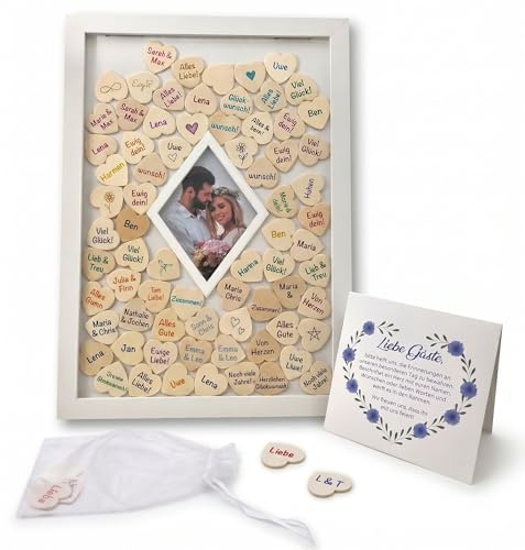 Jandiklee Libro degli ospiti alternativa da riempire, cornice in legno da 42 x 30 cm, con 80 cuori in legno da scrivere, cornice per matrimonio, compleanno e battesimo