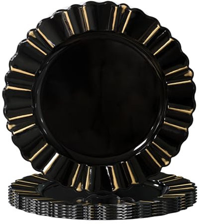 MAONAME 13 Charger Plates, Antique Plate Chargers With Wipe Gold Waved Scalloped Rim, Plastic Chargers for Table Setting, Wedding decor, Set of 6, Wipe Gold Black