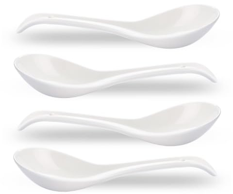 CHILDIKE Asian Soup Spoons Set of 4, Ramen Spoons, Ceramic Spoons 6.6 Chinese/Japanese Soup Spoons for Pho, Cereal - Deep Oval Hook Design | 6.6 Inch Large Spoon for Reman Pho Wonton Dumpling Miso - Deep Oval Hook Design - Set of 4