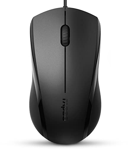 Rapoo Silent Wired Mouse, 1000 DPI 5ft Cord Quiet Button Optical Computer Mouse, Left Right Hand Use, for Laptop Chromebook Mac Notebook, Matte Black