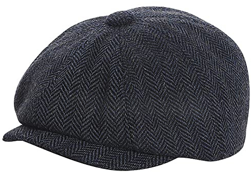 Boys Newsboy Cap Kids Flat Cap Vintage Herringbone Tweed Cabbie Hat for Girls Boys Pageboy Toddlers, Navy, 4-9 Years