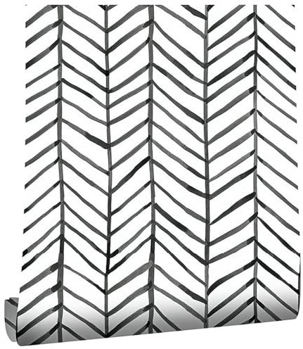 ConCus-T Geometric Wallpaper Black White Herringbone Stripes Waterproof Self Adhesive Vinyl Wall Paper for Living Room Bedroom Bathroom Kitchen 44.5 x 500cm