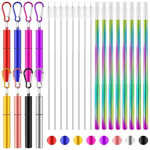 Zubebe 8 Pack Metal Reusable Straw Collapsible Straws Stainless Steel Drinking Straw with Plastic Case Silicone Tip and Cleaning Brush and Keychain Long Telescopic Portable for Travel Work