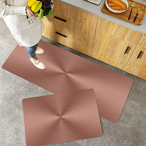 Kitchen Rugs Set 2 Piece Non-Slip Kitchen Mats and Rugs,Copper,Circle Copper Steel Texture Inspired Radial and Round Plaque w,Rubber Backing Durable Floor Mat Doormat Machine Washable(40x60+40x100cm)