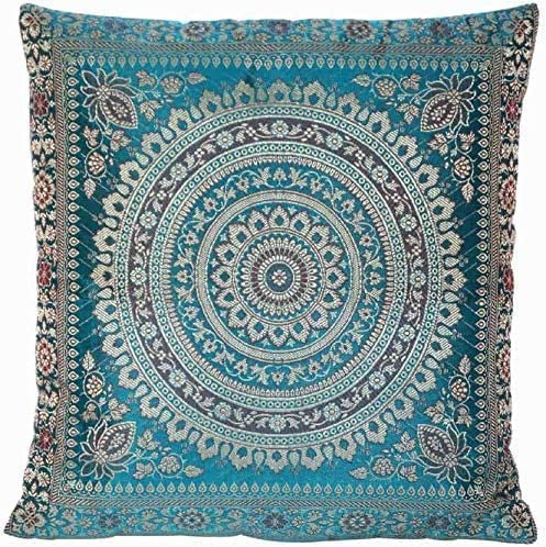 Ruwado Handgefertigt Türkis Dekokissen aus Indische Banarasi Seide - Handgewebt und handgenäht von Kunsthandwerkern aus Indien (40 x 40 cm | 16 x 16 Zoll, Türkis in Mandala Muster, 1x)